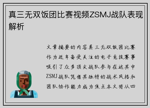 真三无双饭团比赛视频ZSMJ战队表现解析