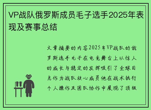 VP战队俄罗斯成员毛子选手2025年表现及赛事总结