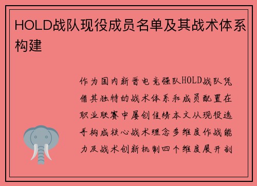 HOLD战队现役成员名单及其战术体系构建