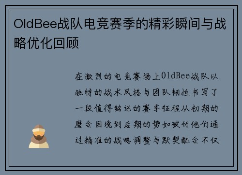 OldBee战队电竞赛季的精彩瞬间与战略优化回顾