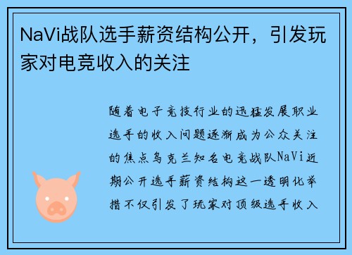NaVi战队选手薪资结构公开，引发玩家对电竞收入的关注